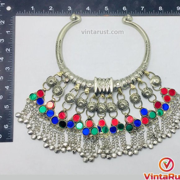 Tribal Silver Torque Choker Necklace With Multicolor Glass Stones - Picture 7 of 7